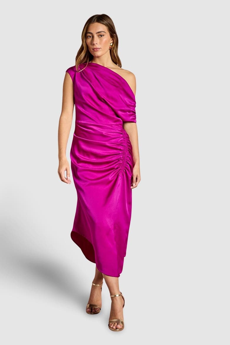 Satin One Shoulder Midi Dress, Main, color, Dark Pink