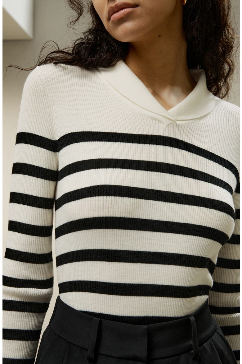 Women's Striped Ultra-fine Merino Wool Sweater, Alternate, color, White With Black Stripes