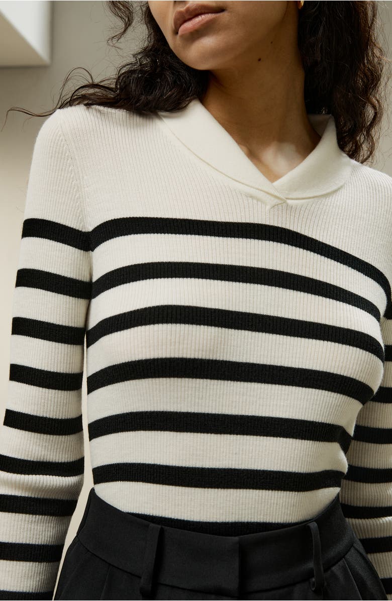 Lilysilk Women's Striped Ultra-fine Merino Wool Sweater, Alternate, color, White With Black Stripes