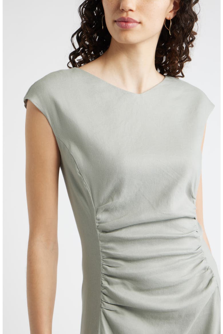 Linen Blend Ruched Midi Dress, Alternate, color, GREEN CHAPARRAL