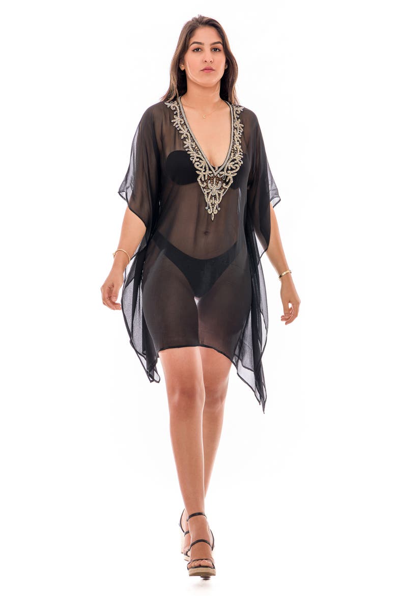 Sequin Embellished Slit Poncho, Alternate, color, BLACK