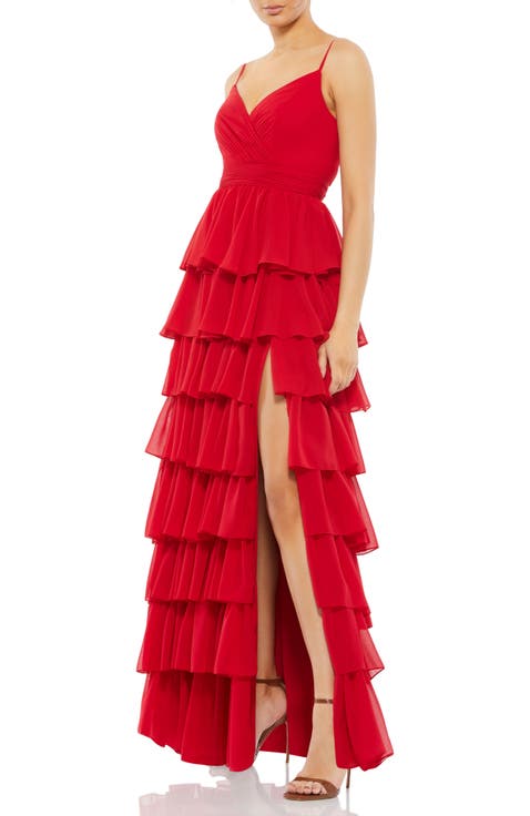 関税送料込【MAC DUGGAL】ロング ワンピース フレア 半袖 レッド 関税送料込【MAC DUGGAL】ロング ワンピース フリル 半袖 レッド