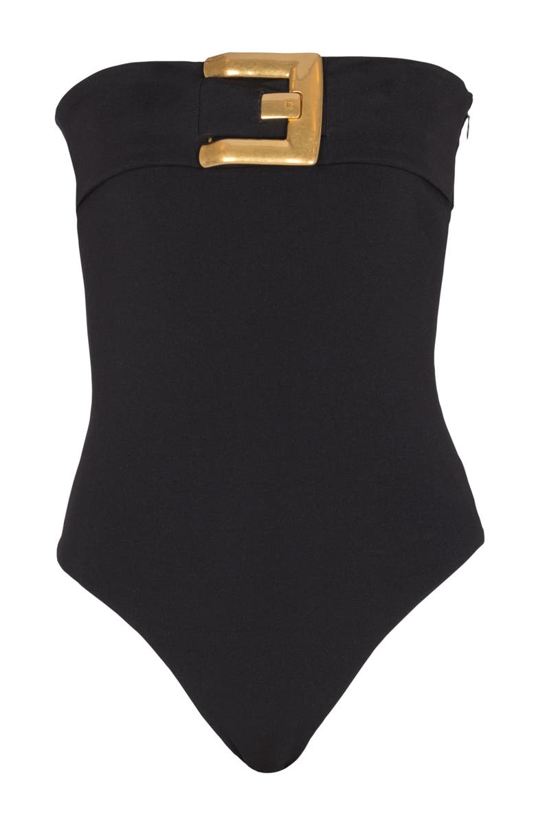 Balmain Crepe bustier bodysuit with belt detail, Alternate, color, Black