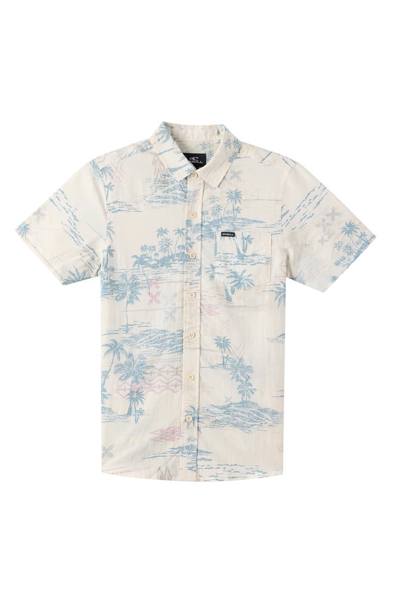 O'Neill Kids' Oasis Palm Tree Print Short Sleeve Button-Up Shirt, Main, color, Cream