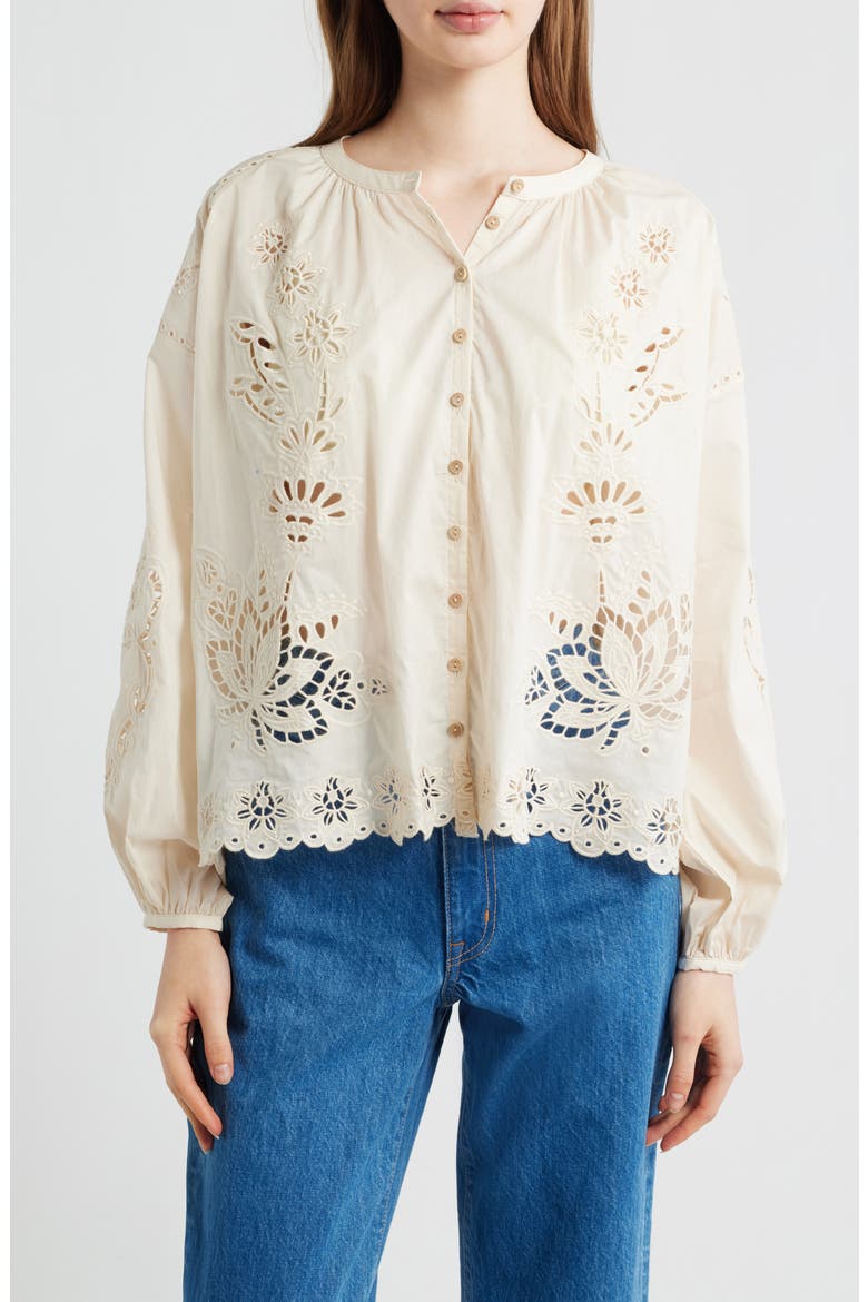 Artisanal Embroidered Eyelet Cotton Button-Up Shirt, Main, color, LIGHT PINK
