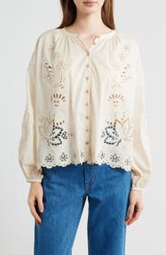 FARM Rio Artisanal Embroidered Eyelet Cotton Button-Up Shirt