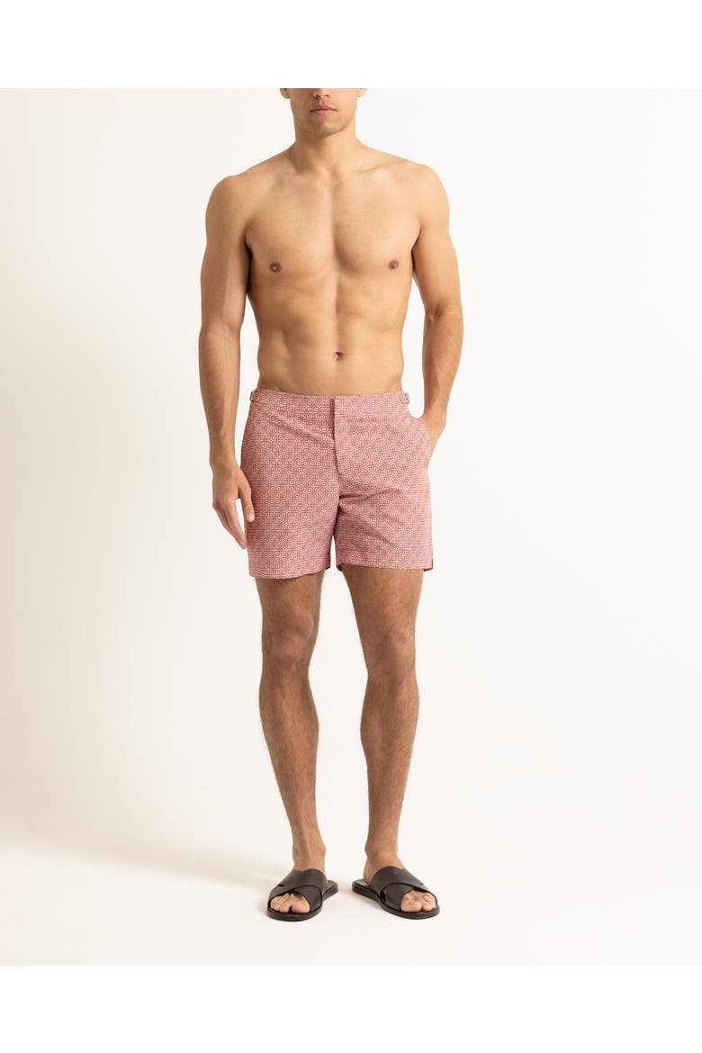 Bulldog Mid-Length Classic Fit Swim Shorts With Portico Print, Main, color, Vermillion