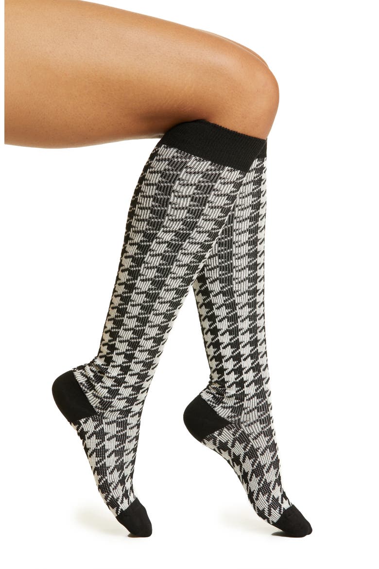 Houndstooth Knee Socks, Main, color, BLACK WHITE