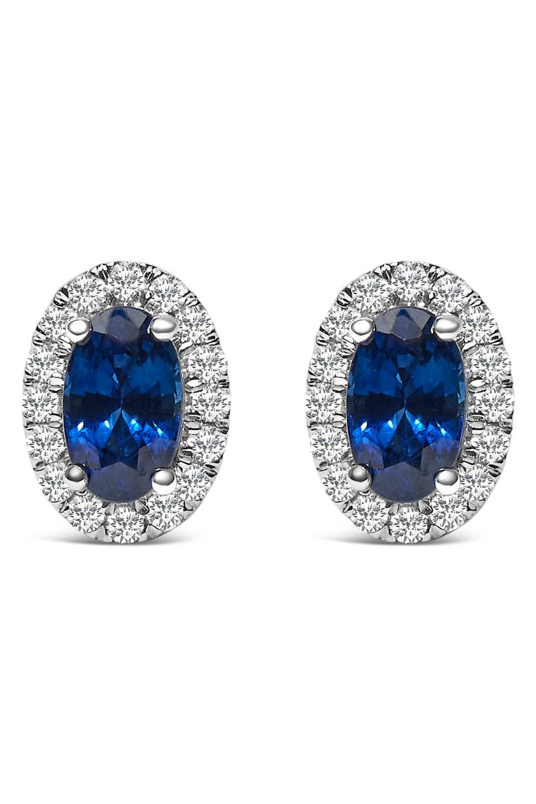 10K White Gold 5x3 MM Oval Cut Birthstone and Diamond Halo Stud Earrings, Main, color, Blue Sapphire
