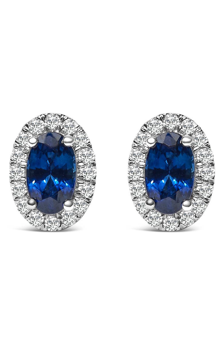 Haus of Brilliance 10K White Gold 5x3 MM Oval Cut Birthstone and Diamond Halo Stud Earrings, Main, color, Blue Sapphire