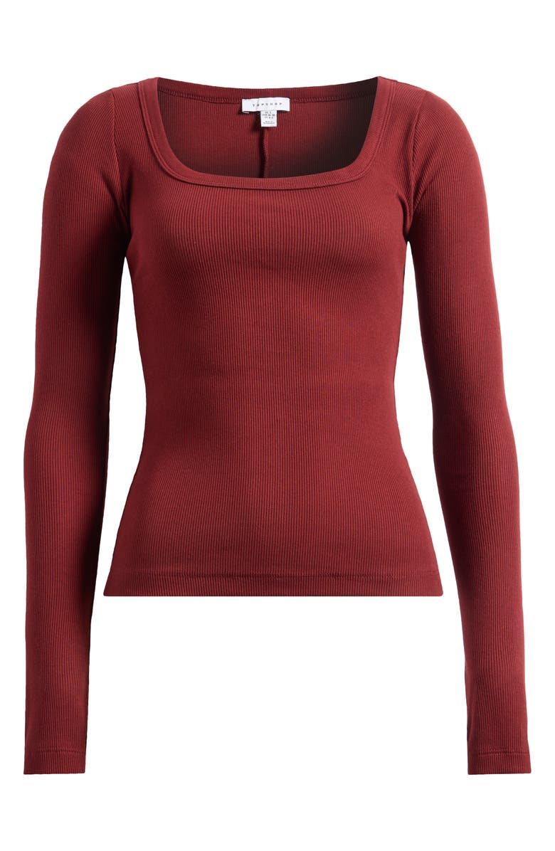 Topshop Square Neck Long Sleeve Cotton Rib T-Shirt, Alternate, color, Burgundy