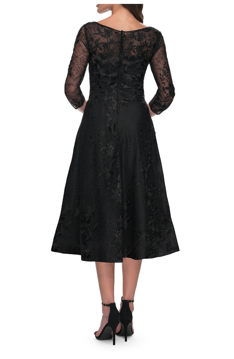 La Femme Stylish Tea Length Mother of the Bride Dress with Sleeves, Alternate, color, Black