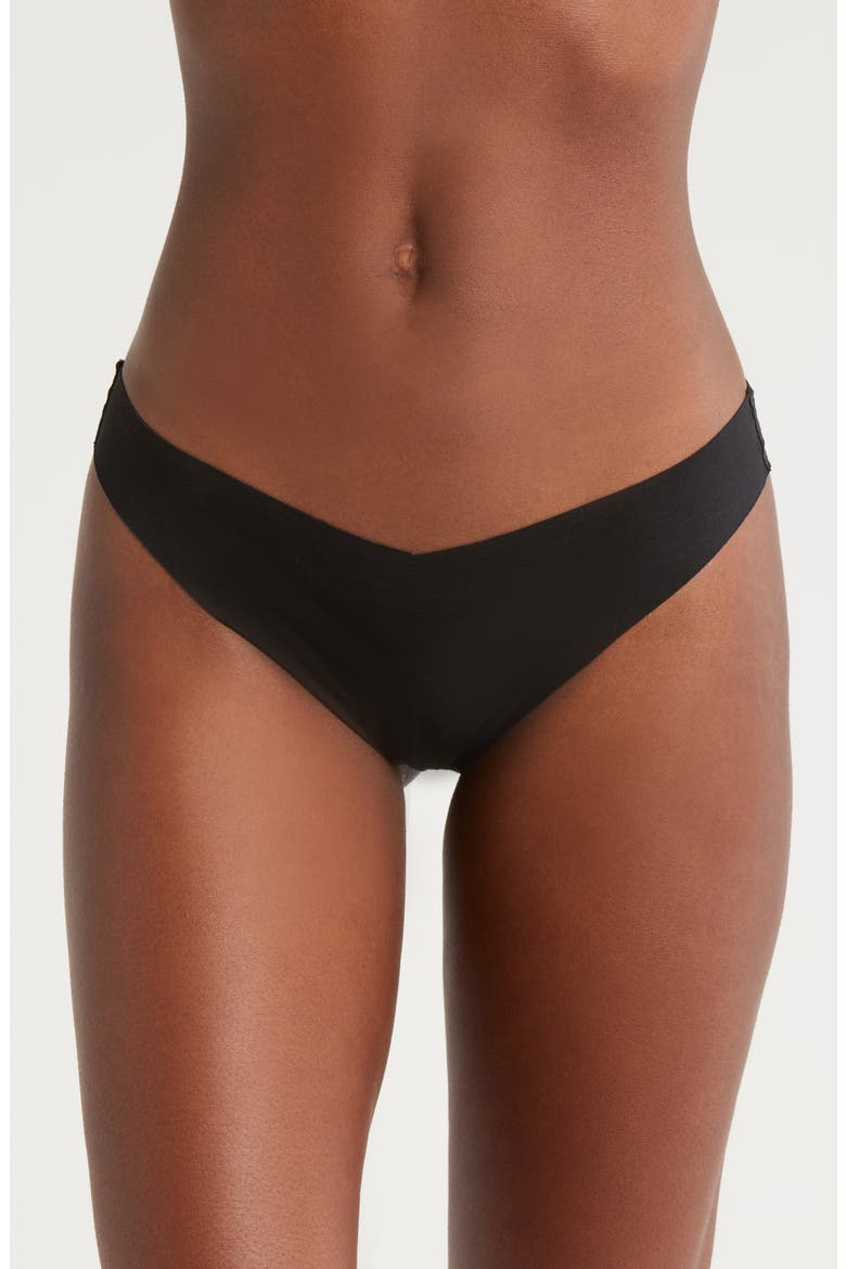 Estelle Lace Trim Stretch Cotton Thong, Main, color, BLACK