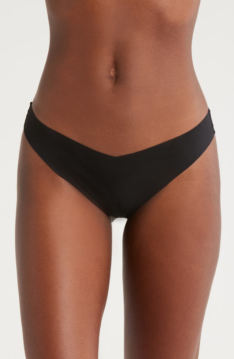 JOURNELLE Estelle Lace Trim Stretch Cotton Thong, Main, color, Black