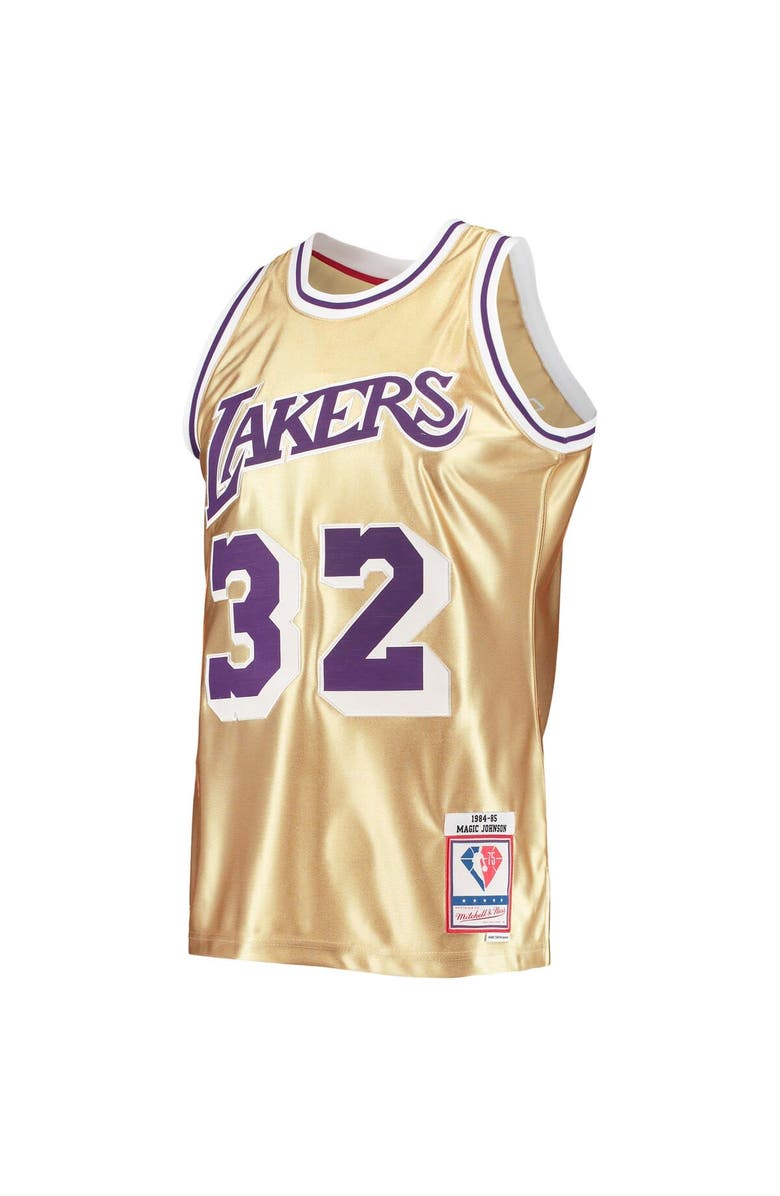 Mitchell & Ness Men's Mitchell & Ness Magic Johnson Gold Los Angeles Lakers 75th Anniversary 1984/85 Hardwood Classics Swingman Jersey, Alternate, color,