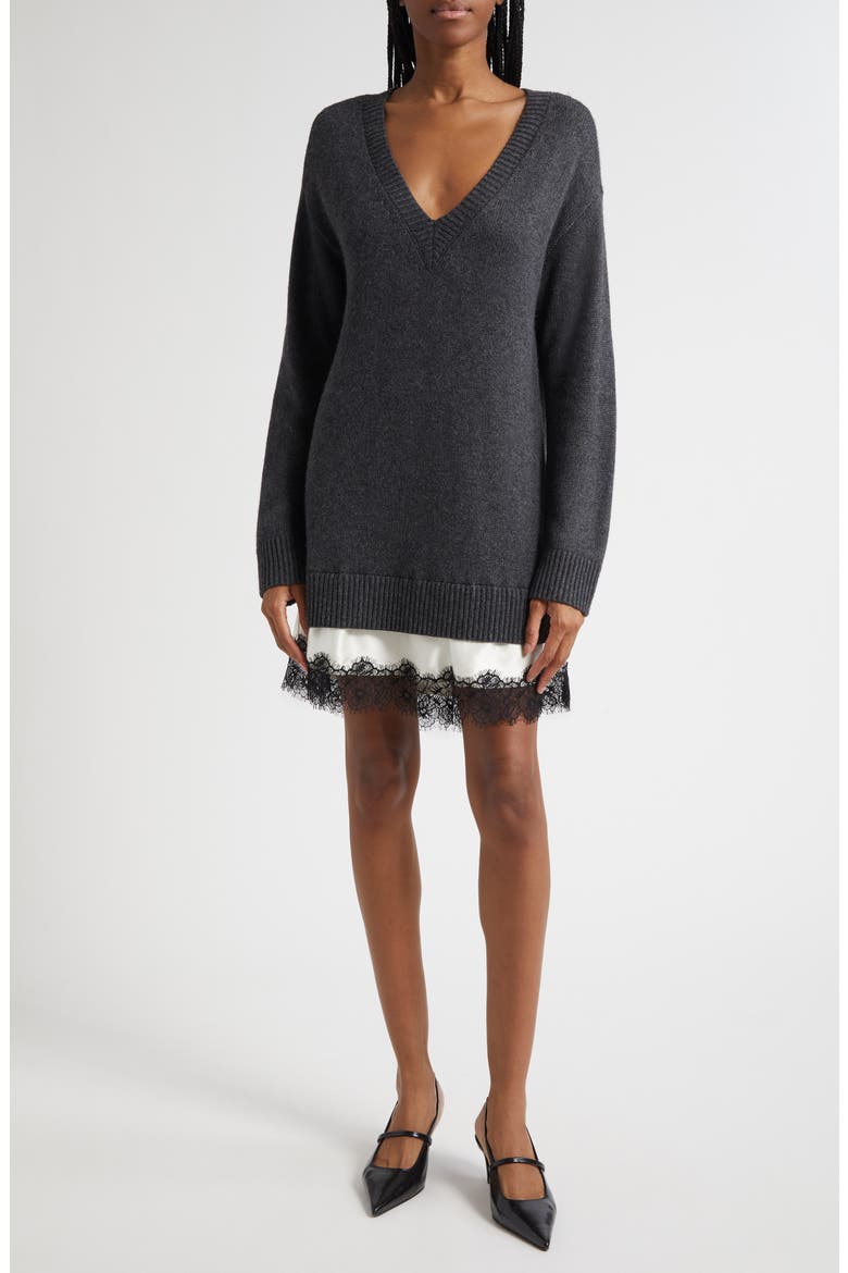 Simona Lace Trim Long Sleeve Sweater Dress, Main, color, CHARCOAL