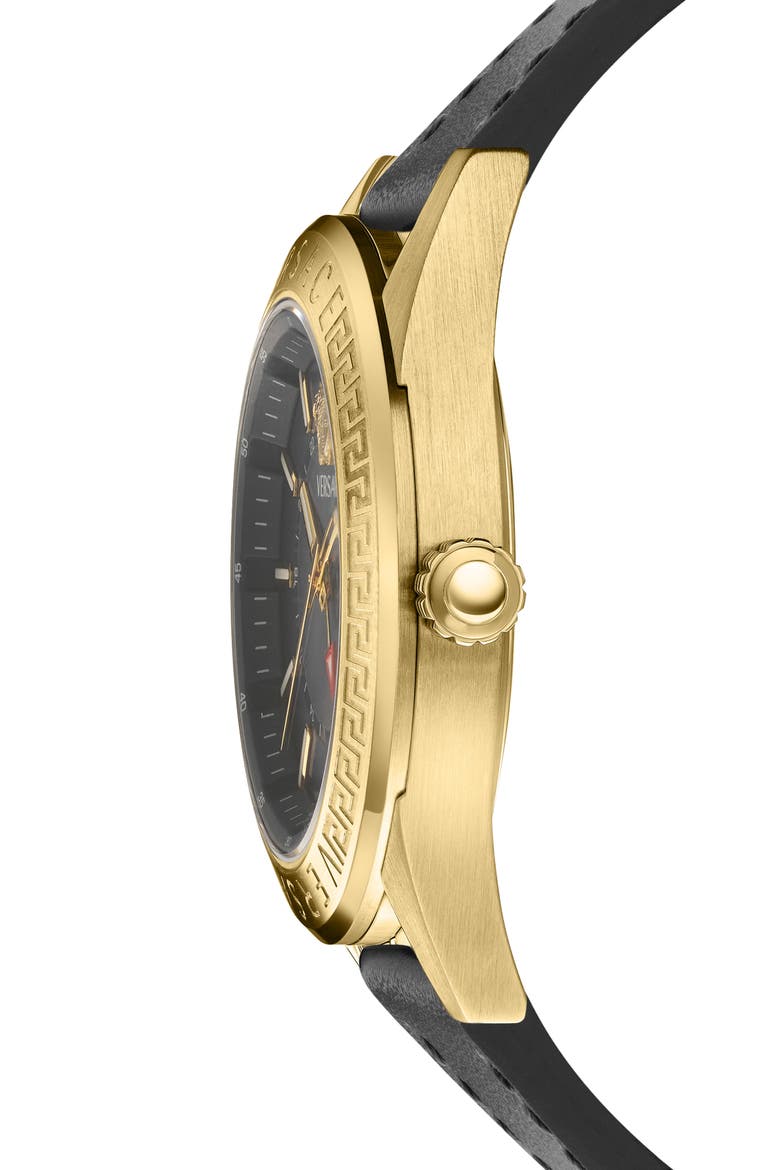 V-Code GMT Leather Strap Watch, 42mm, Alternate, color, BLACK/ GOLD
