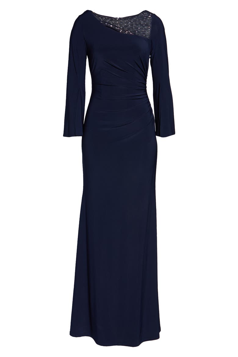 Split Long Sleeve Trumpet Gown, Alternate, color, NAVY