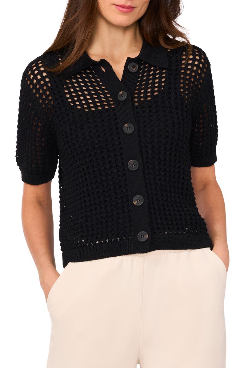 Halogen<sup>®</sup> Openwork Short Sleeve Cardigan, Main, color, Rich Black