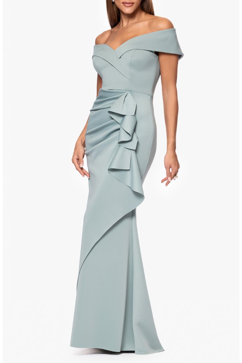 Off the Shoulder Ruffle Scuba Crepe Gown, Alternate, color, SAGE