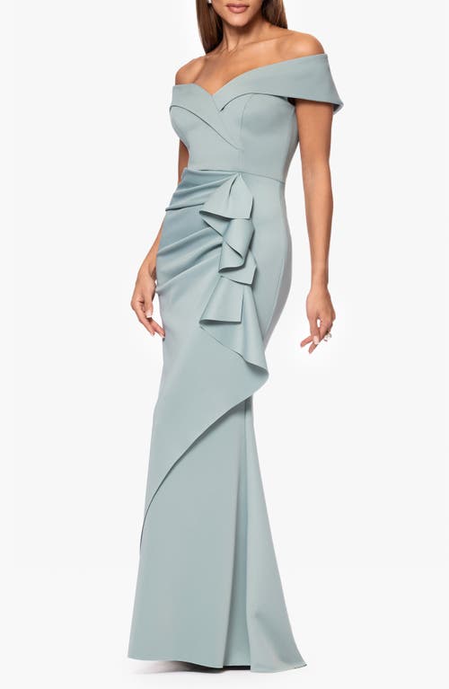 Xscape Evenings Ruffle Off The Shoulder Scuba Gown In Sage