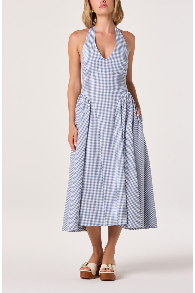 Meana Gingham Halter Neck Drop Waist Midi Dress, Alternate, color, BLUE GINGHAM