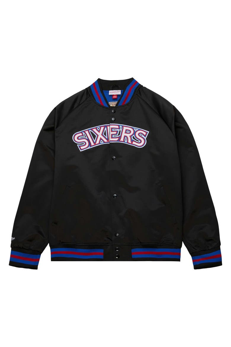 Men's Mitchell & Ness Black Philadelphia 76ers Hardwood Classics  Throwback Wordmark Raglan Full-Snap Jacket, Alternate, color, Black