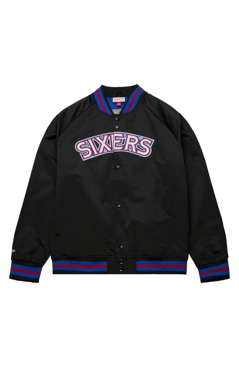 Mitchell & Ness Men's Mitchell & Ness Black Philadelphia 76ers Hardwood Classics Throwback Wordmark Raglan Full-Snap Jacket, Alternate, color, Black
