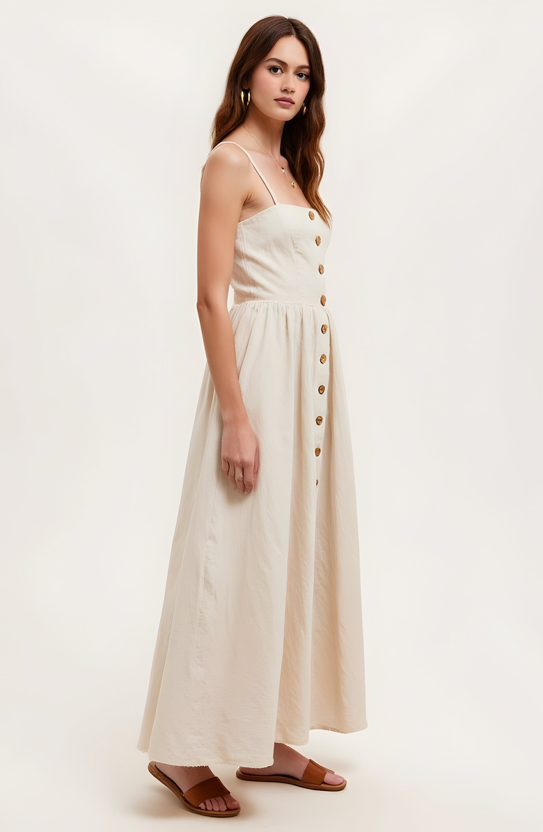 Modenaire Button Front Midi Dress with Spaghetti Straps and Side Pockets, Alternate, color, Ivory