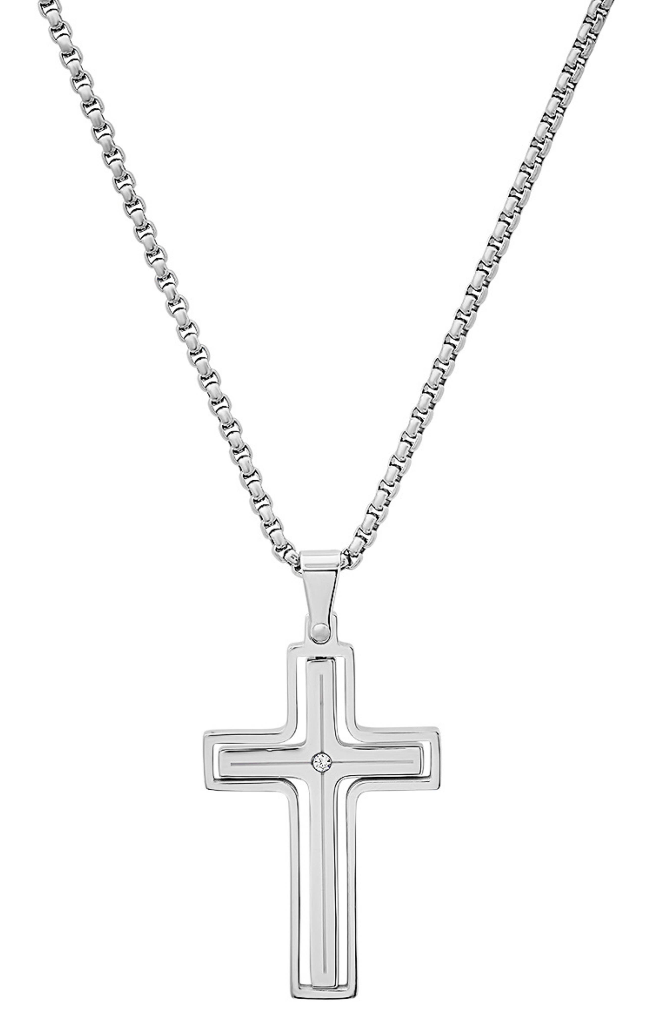 HMY JEWELRY Men's Stainless Steel Crystal Cross Pendant Necklace