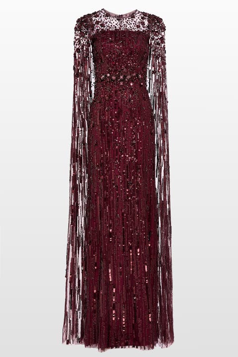 Ruby Sequin-Embellished Cape Maxi Dress