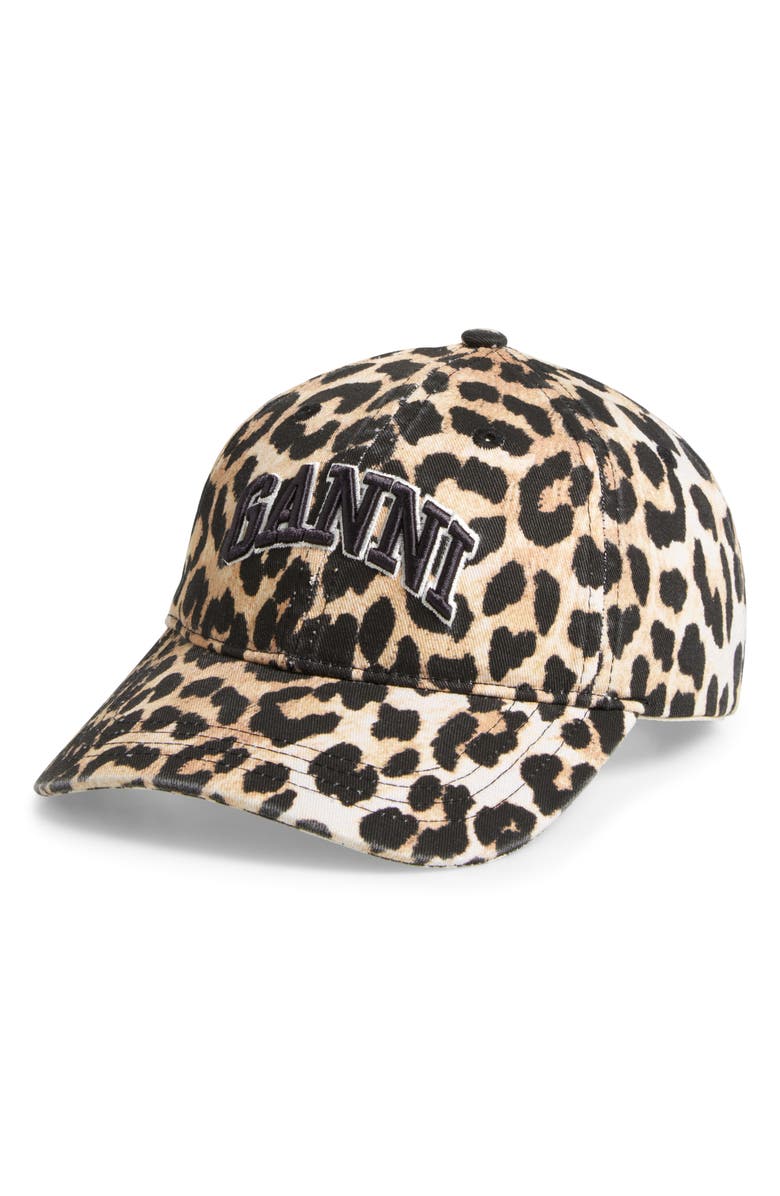 Ganni Leopard Cotton Baseball Cap, Main, color, Leopard