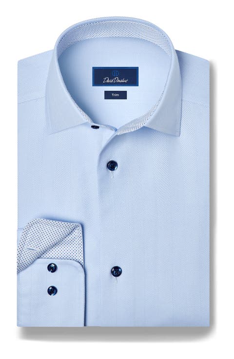 Trim Fit Herringbone Contrast Cotton Dress Shirt