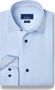 David Donahue Trim Fit Herringbone Contrast Cotton Dress Shirt