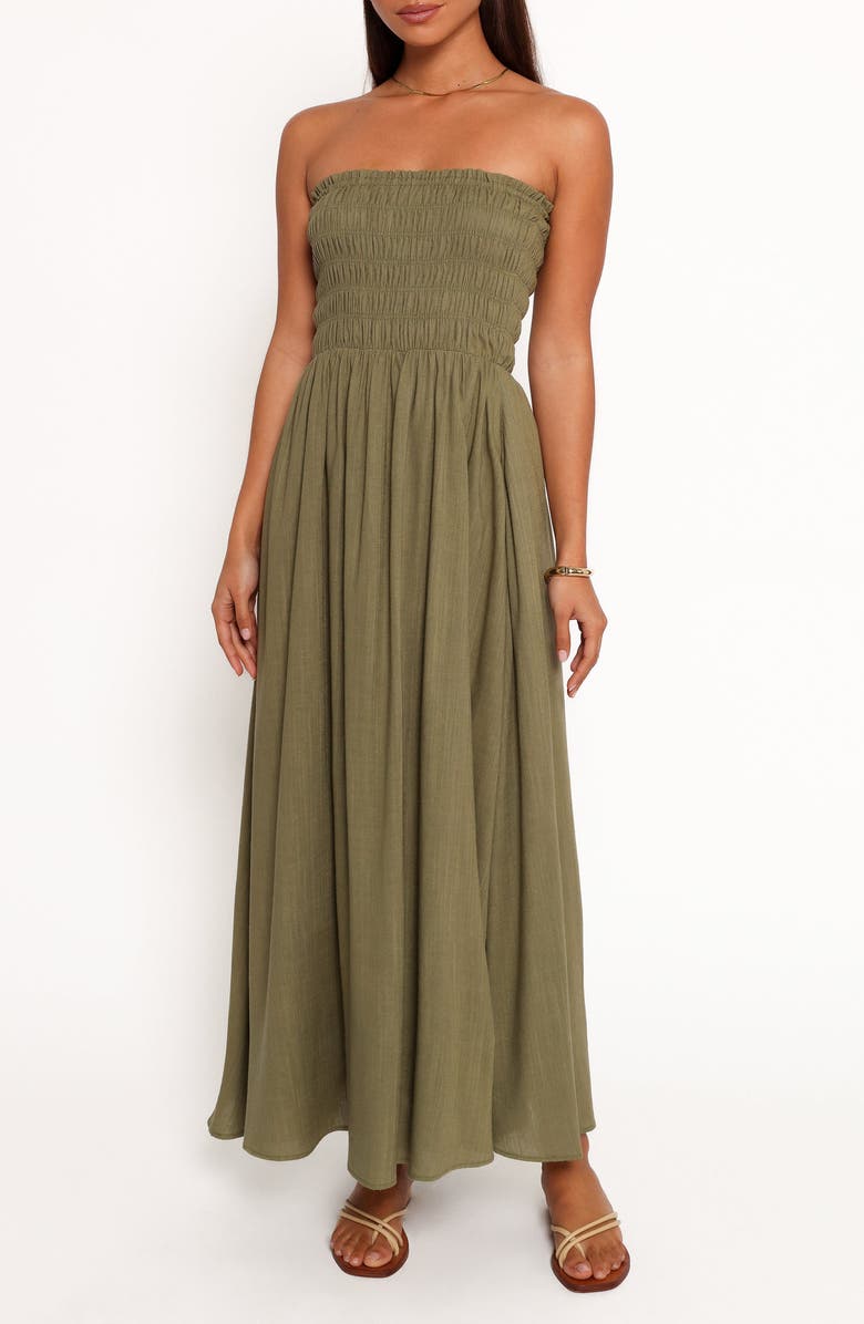 Petal & Pup Linsey Strapless Maxi Dress, Main, color, Olive Green