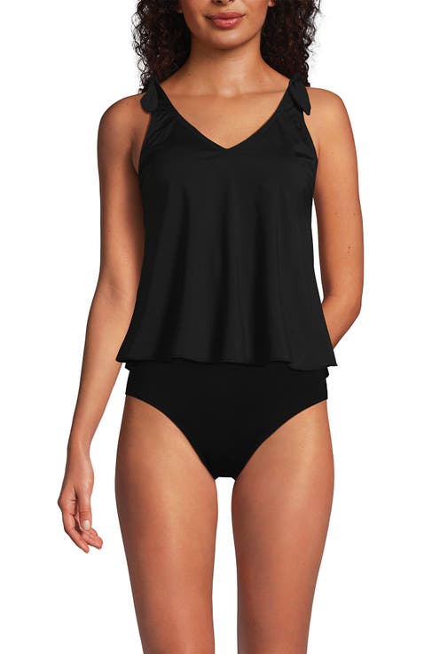 Chlorine Resistant V-neck Shoulder Tie Flutter Tankini Swimsuit Top