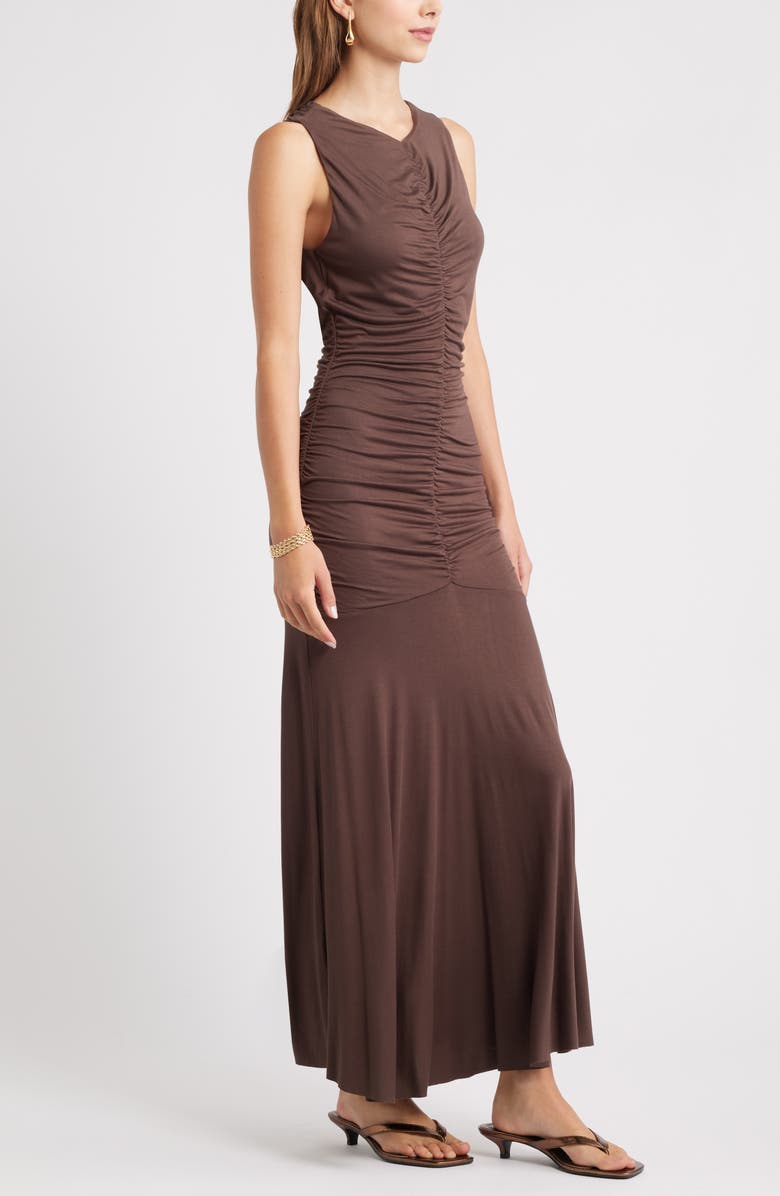 Open Edit Ruched Sleeveless Maxi Dress, Alternate, color, Brown Seal