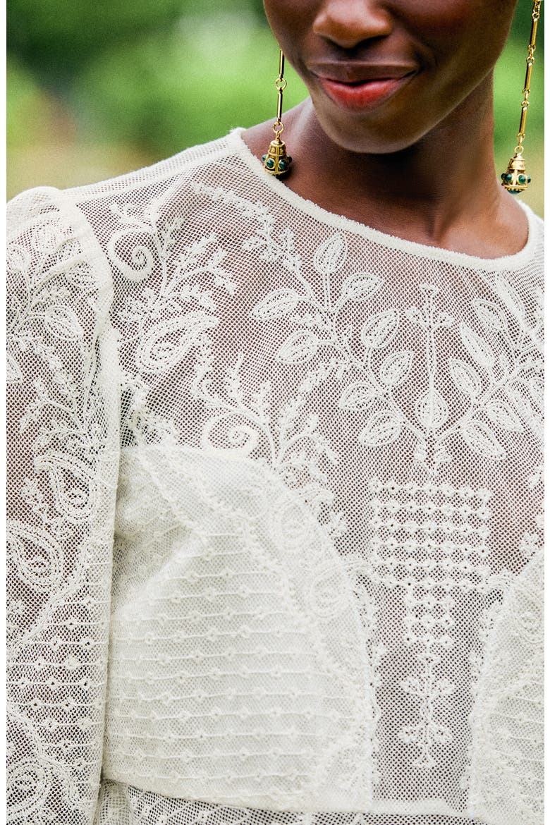 Tulle Embroidered Long Sleeve Top, Alternate, color, OFF-WHITE