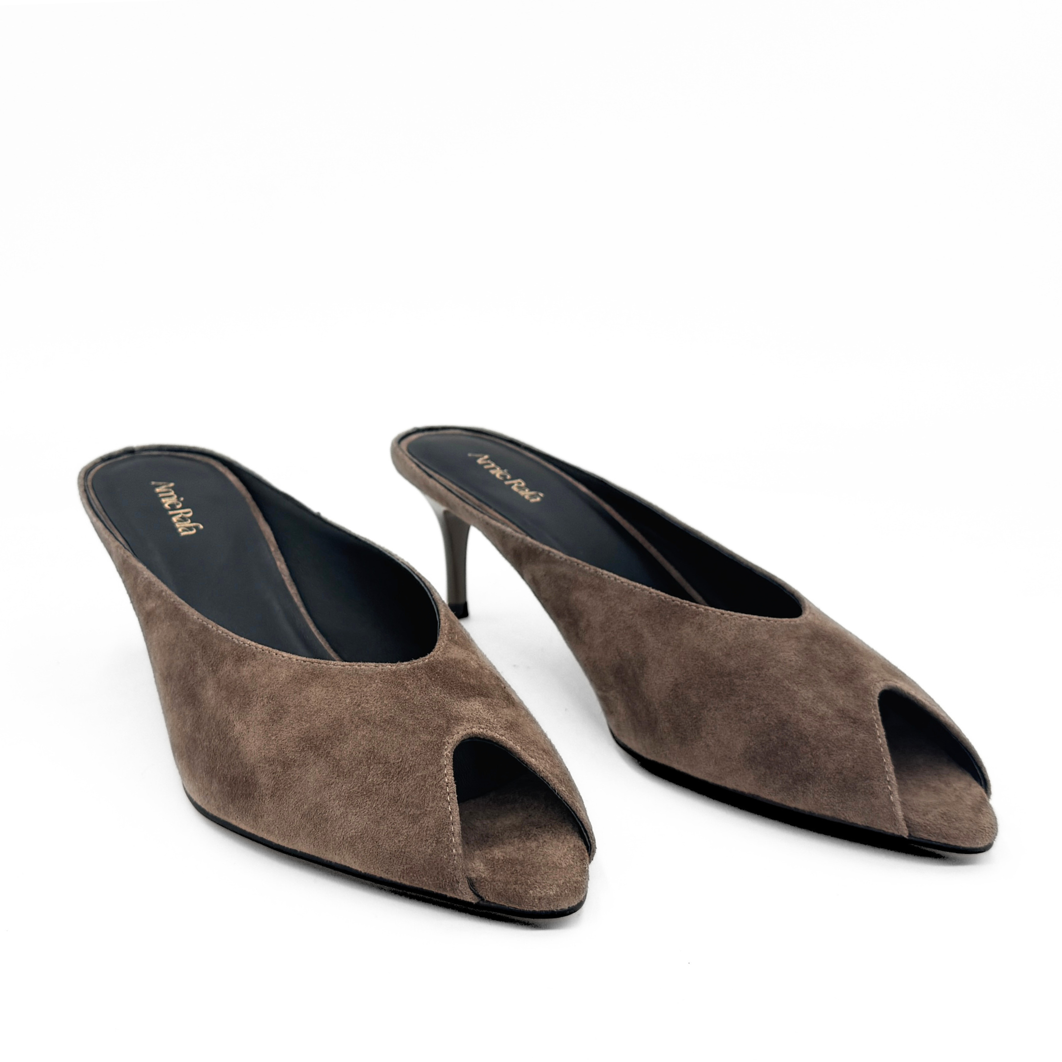 Audrey II Peeptoe Suede Mule, Alternate, color, Taupe Suede
