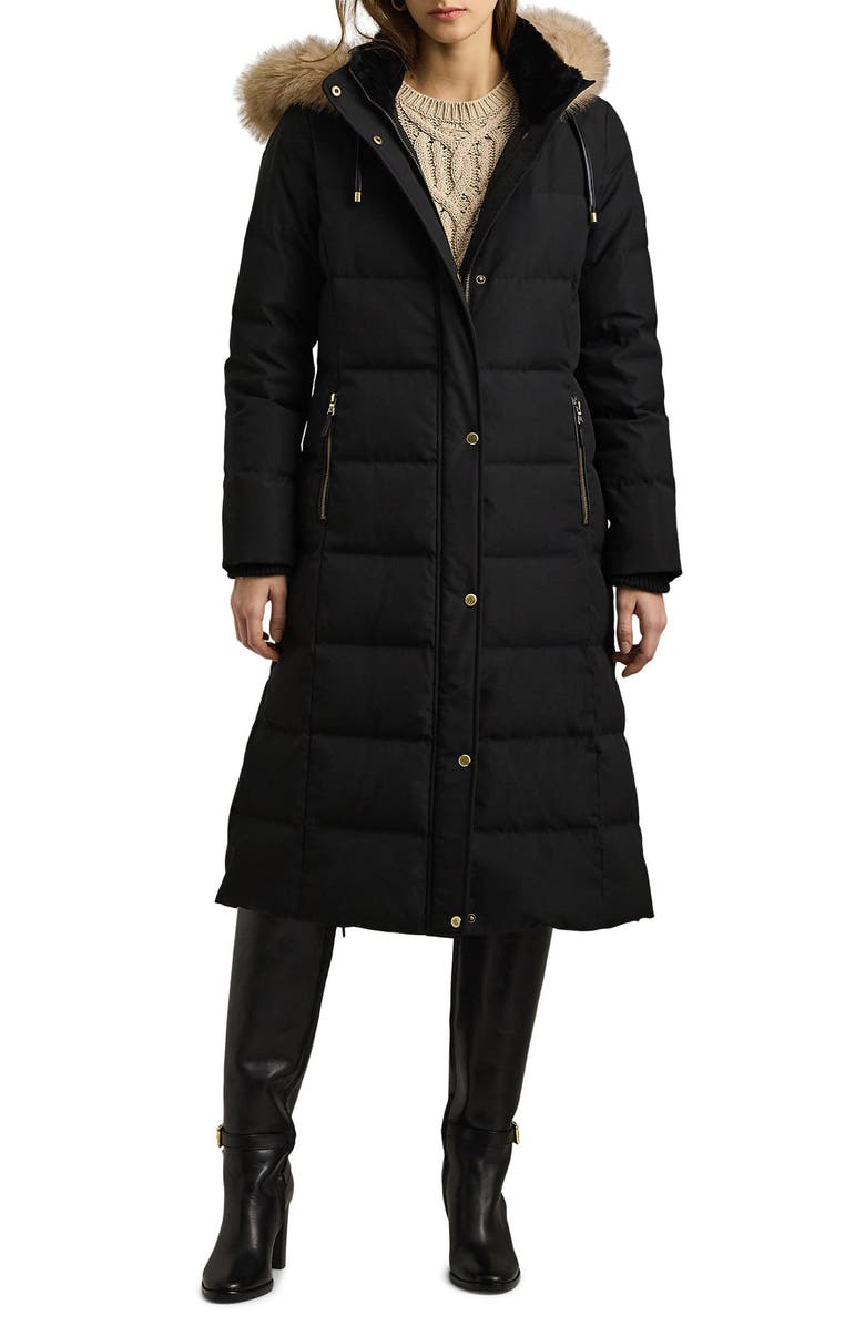 Lauren Ralph Lauren Heritage Down & Feather Fill Puffer with Faux Fur Trim Removable Hood, Main, color, Black