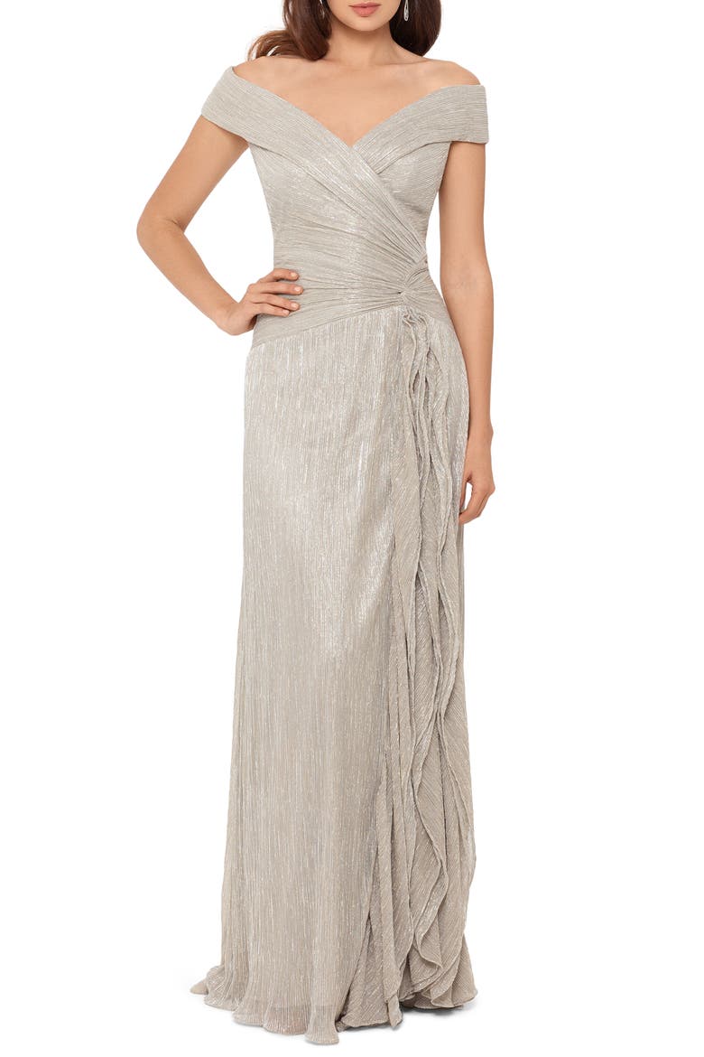 Xscape Metallic Plissé Off the Shoulder Gown, Main, color, GOLD/ SILVER