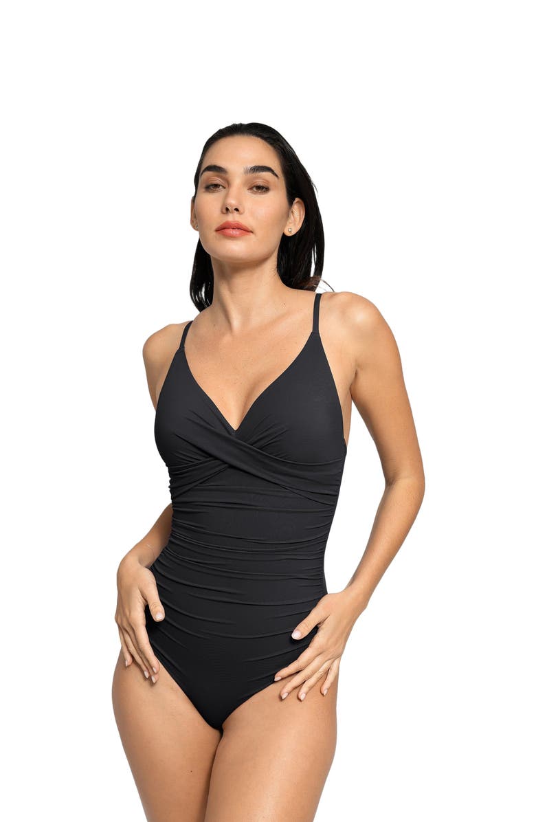 Popilush Shapewear Ruched Cross-Front Sculpting One-Piece Swimsuit, Main, color, Midnight Black