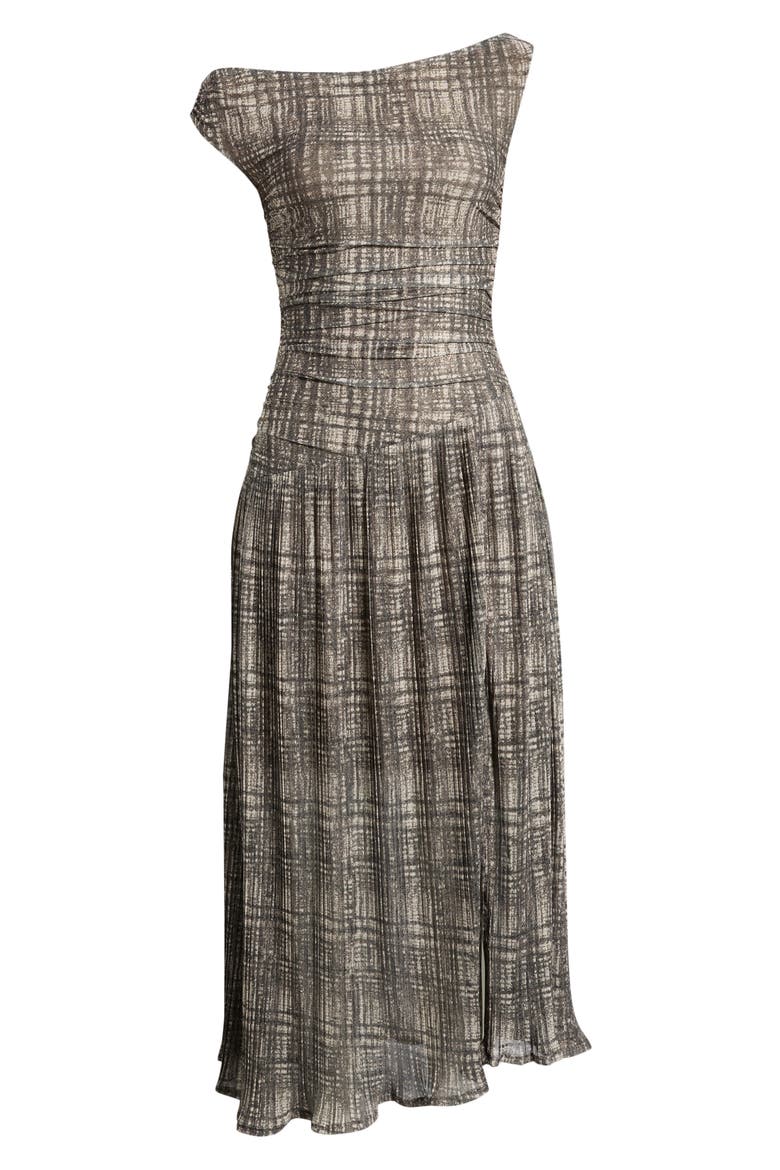 Plaid Mesh Pleated Midi Dress, Alternate, color, BROWN PLAID