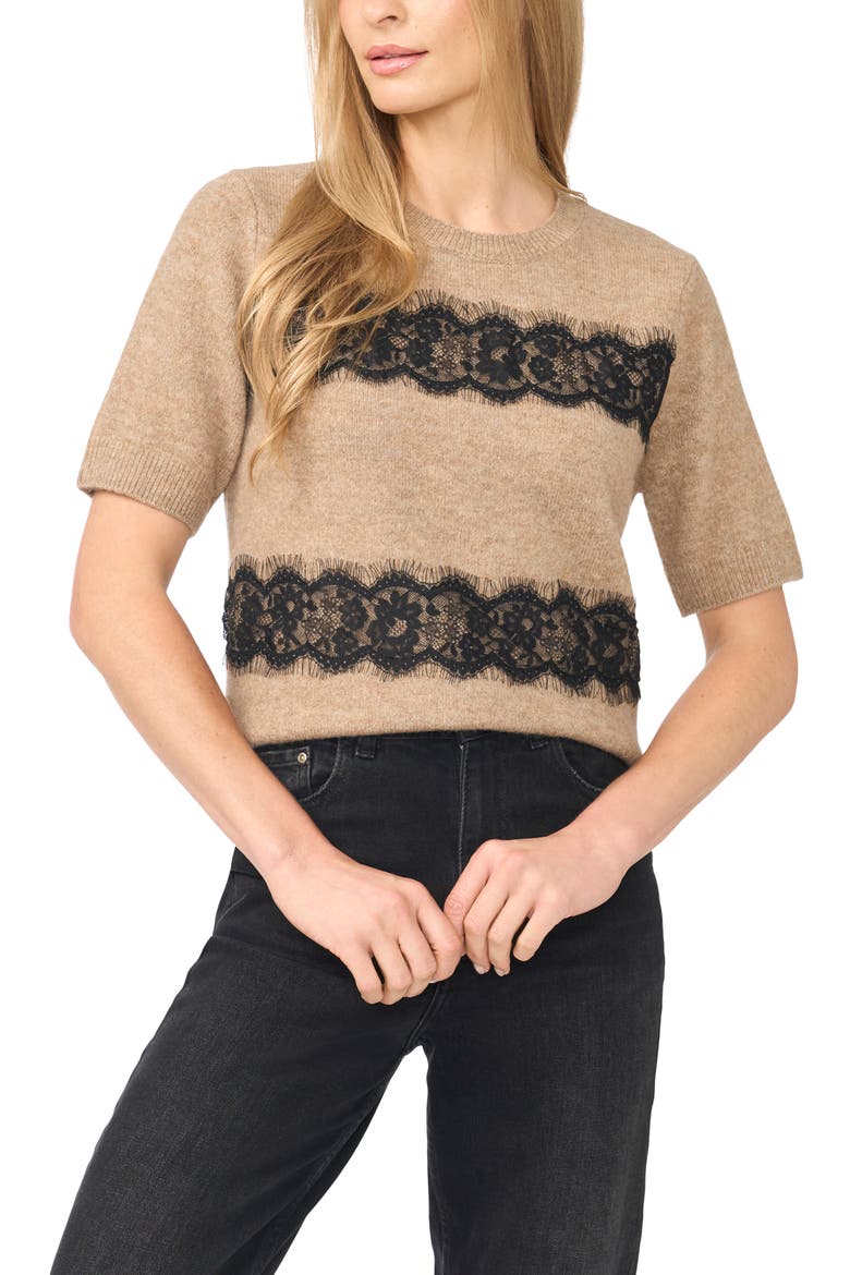 Lace Stripe Short Sleeve Sweater, Main, color, TAUPE