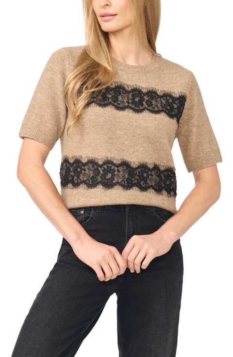 Lace Stripe Short Sleeve Sweater