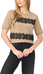 CeCe Lace Stripe Short Sleeve Sweater