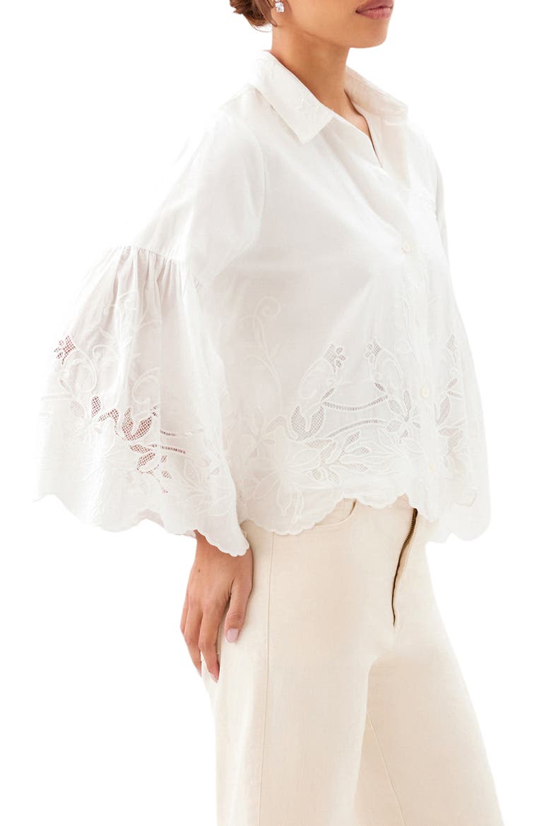 Embroidered Bell Sleeve Cotton Button-Up Shirt, Alternate, color, OFF WHITE