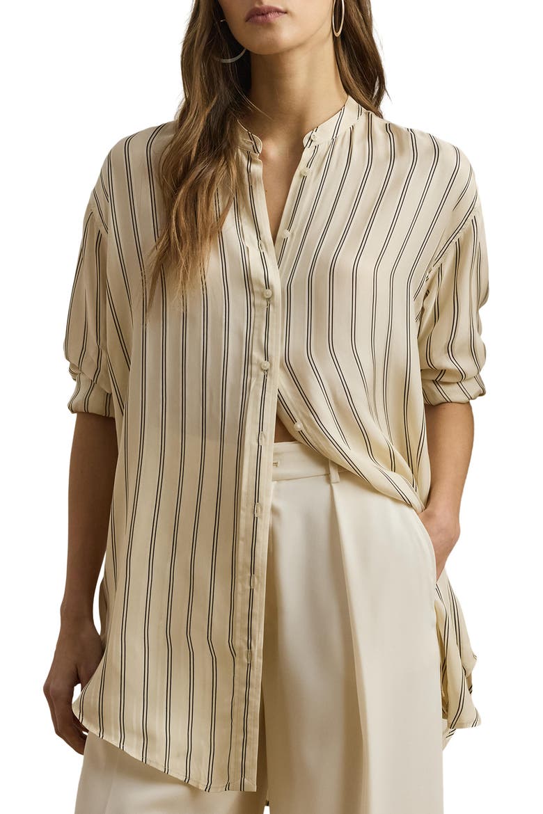 Stripe Jacquard Button-Up Tunic, Main, color, IVORY BEIGE/ BLUE MULTI