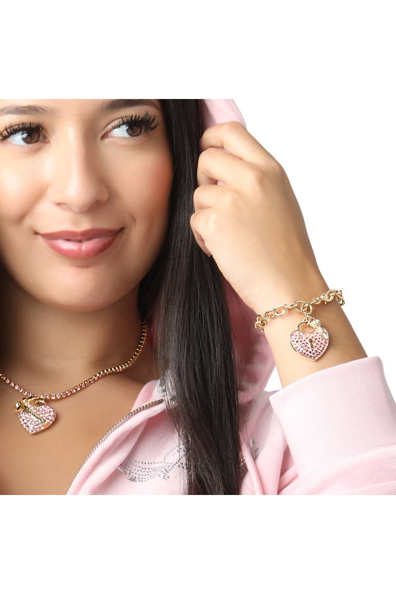 Heart Padlock and Key Charm Bracelet, Ombre Pink Crystals, Alternate, color, Pink