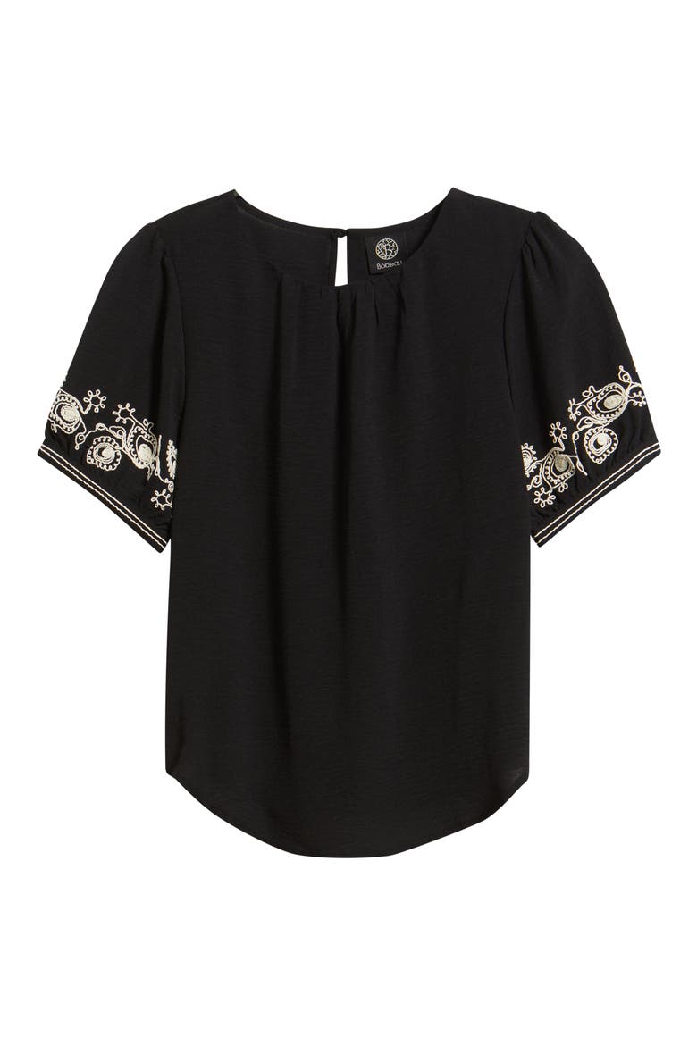 Embroidered Sleeve Peasant Top, Alternate, color, BLACK/ CREAM